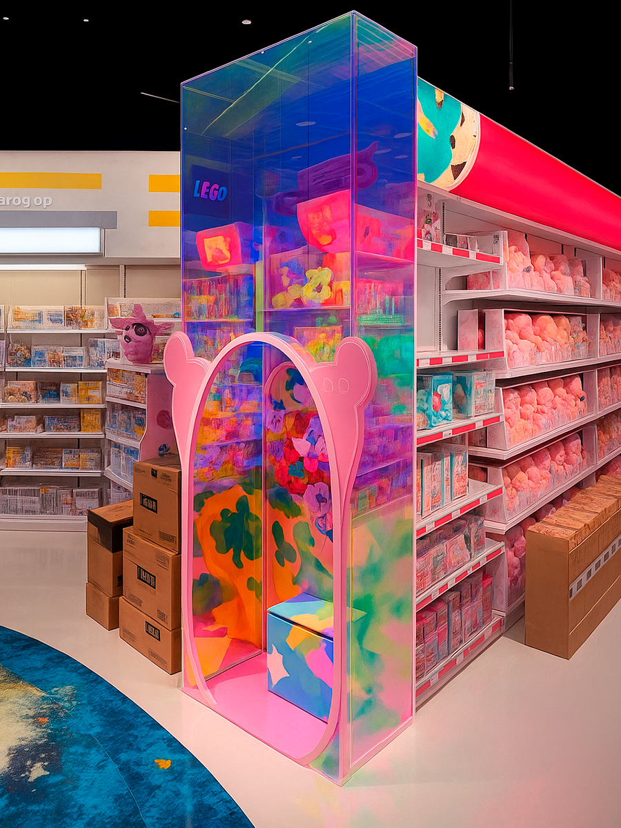 Akryldisplay-i-legetøjsbutik Farverig, gennemsigtig udstillingsstand med bjørneører og bløde bamser indeni i en butik.