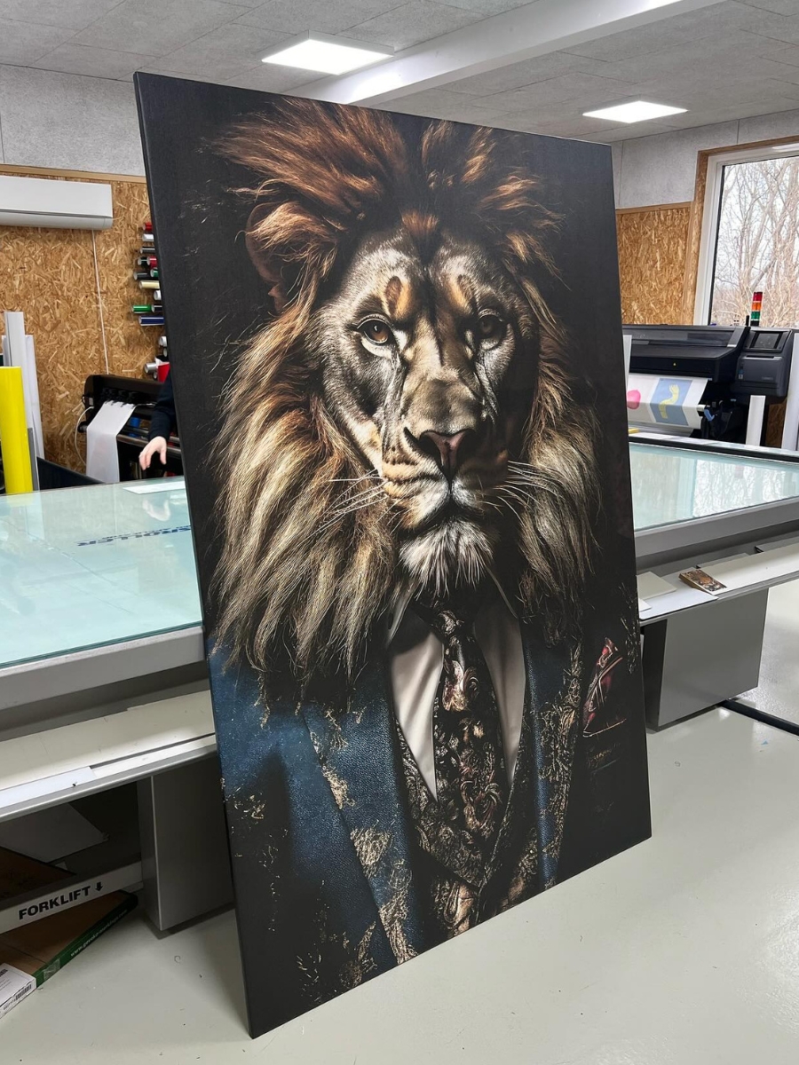 Matrixramme med løve Ramme med banner på af en løve i et jakkesæt, stående på et værksted