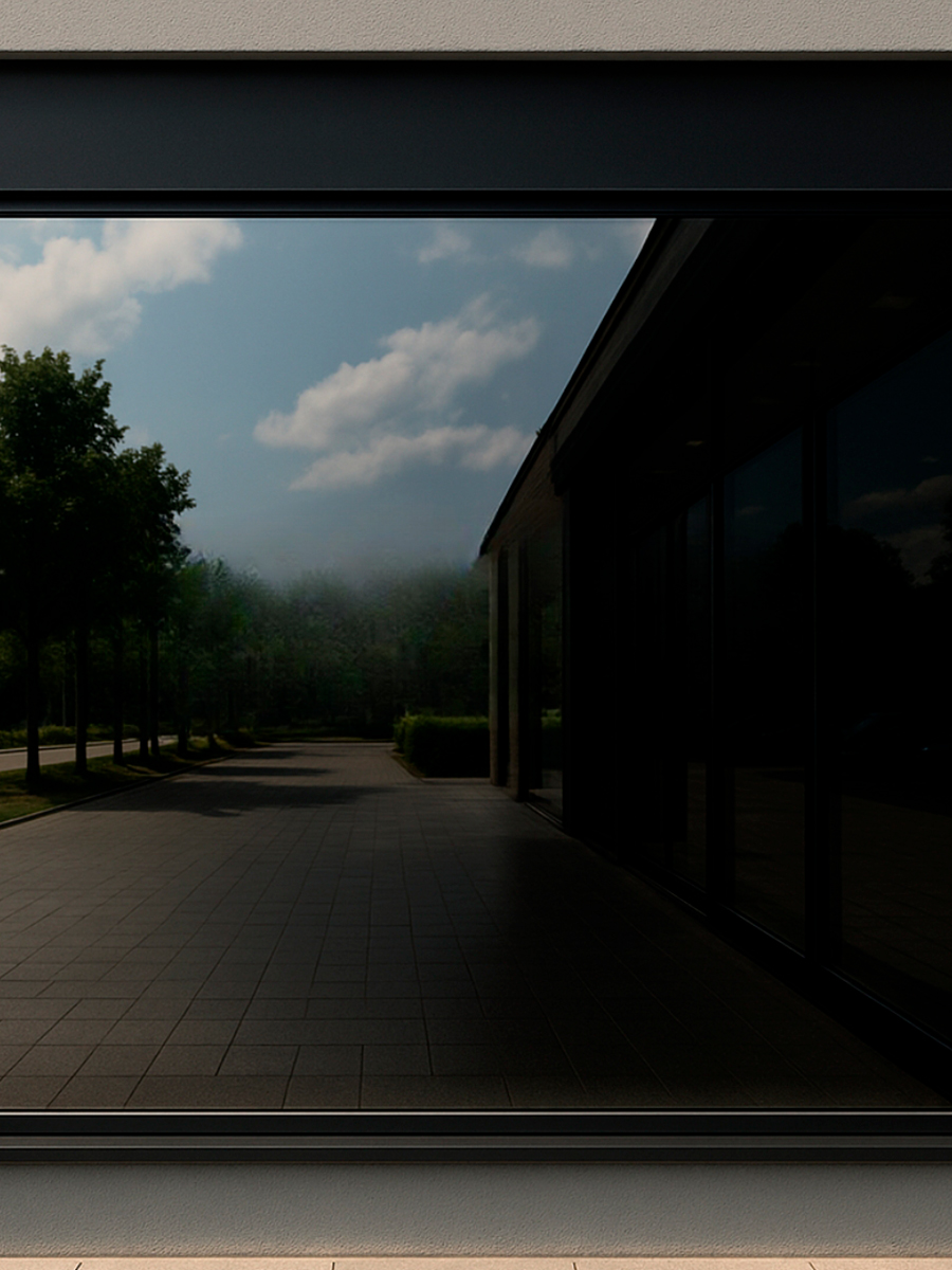Solfilm-på-vindue Vindue folieret med solfilm i mørk folie, genskær af en træer og blåhimmel