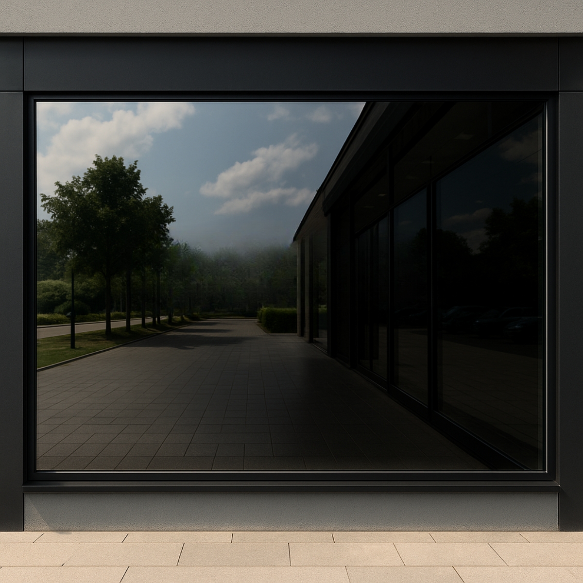 Sort facadeelement med integreret digital skærm eller vindue, monteret udvendigt på moderne erhvervsbygning